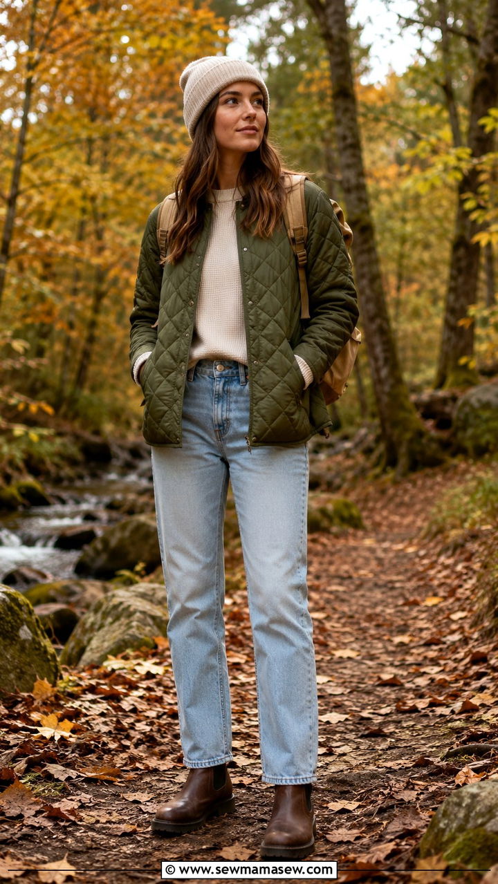 Light wash jeans with quilted jacket and boots - 30 Light wash jeans outfit ideas