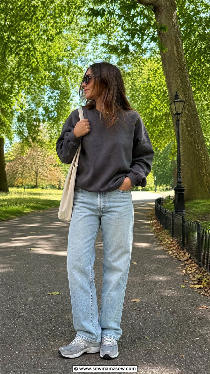 Light wash jeans with retro New Balance sneakers and a sweatshirt - 35 Jeans and sneakers outfit ideas over 40