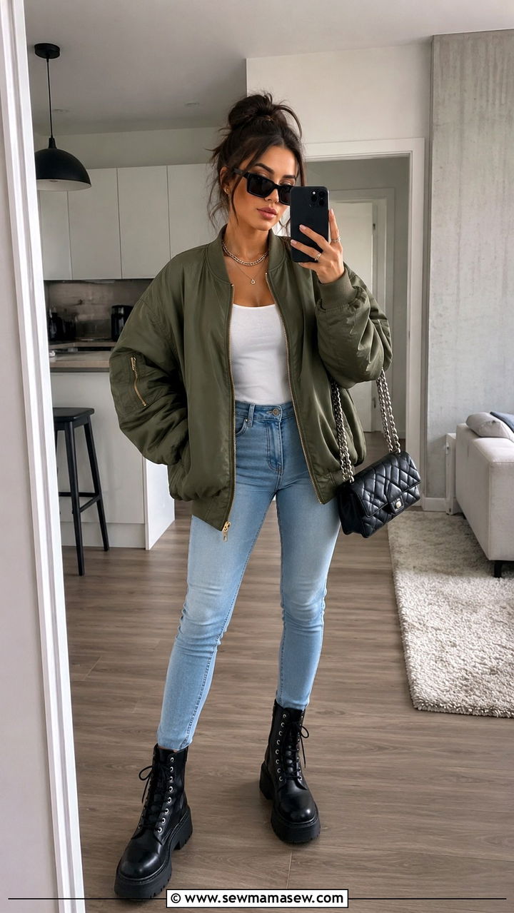 Light wash skinny jeans with bomber jacket - 30 Light wash jeans outfit ideas