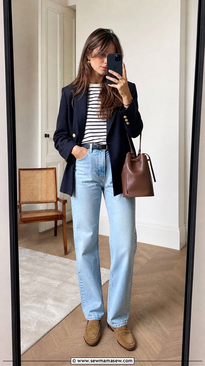 Light wash straight jeans with navy blazer and striped top - 30 casual french girl outfits