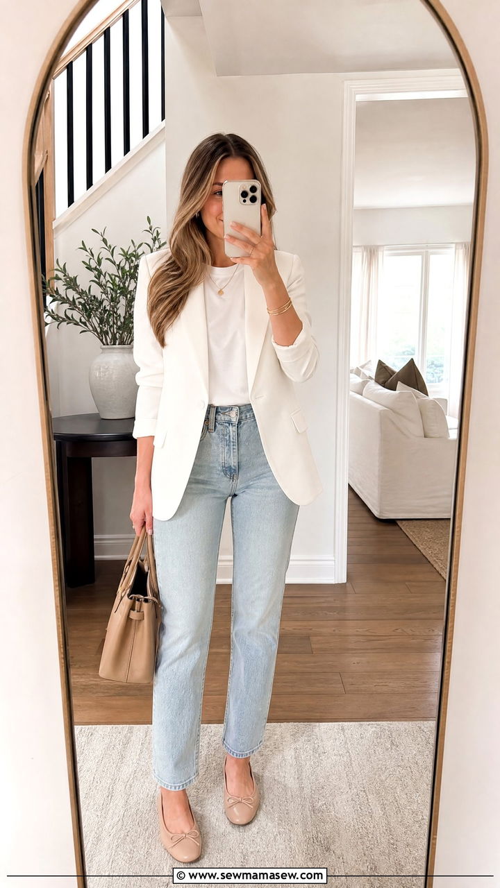 Light wash straight leg jeans with white blazer outfit - 30 Summer outfit ideas for realtor