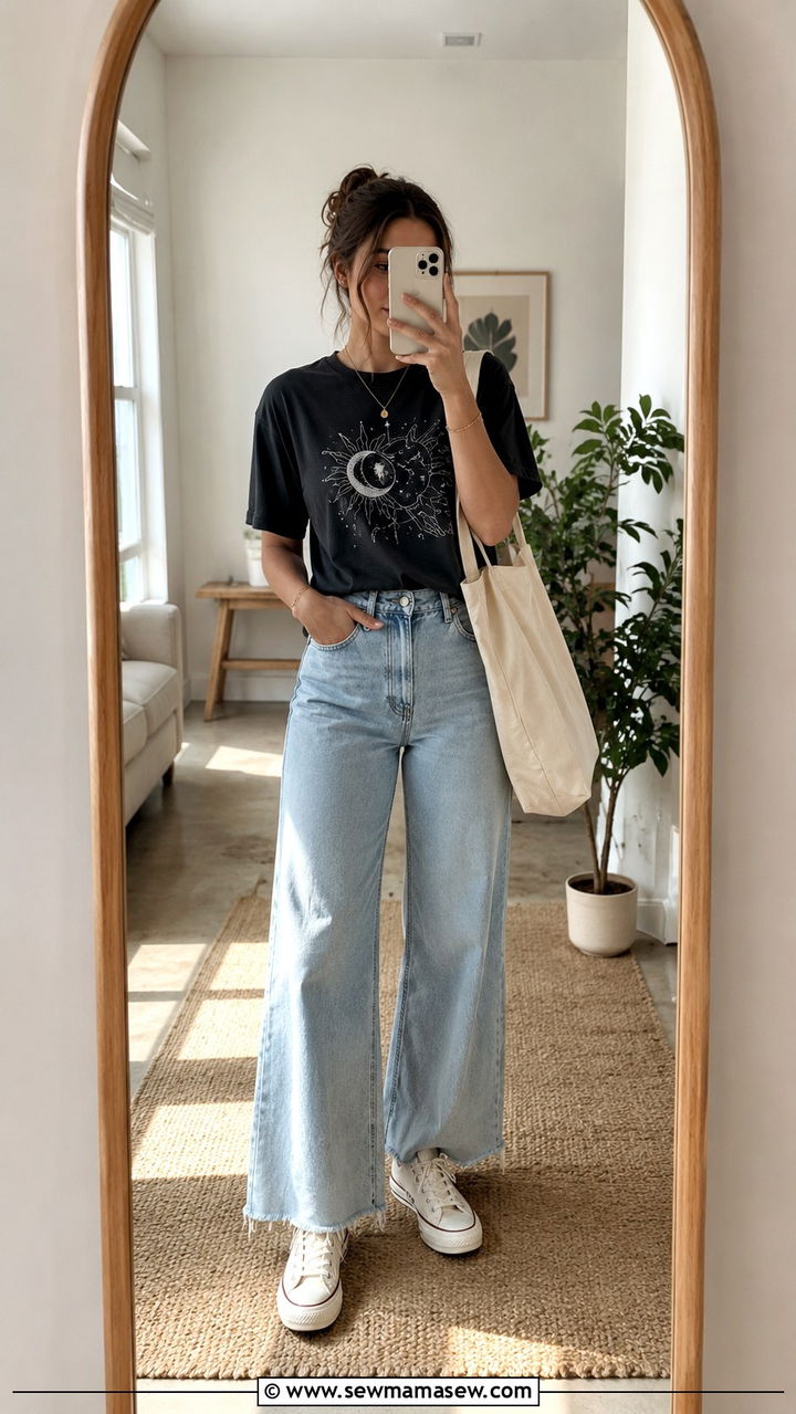Light wash wide leg jeans with canvas sneakers outfit - 25 Wide leg pants outfit ideas with sneakers