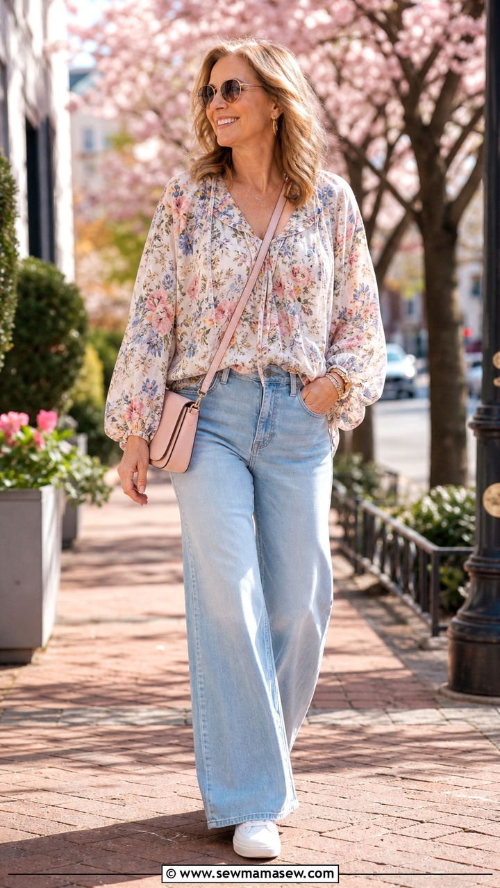 Light wash wide leg jeans with floral blouse spring outfit - 40 Spring outfit ideas for women over 40 2026