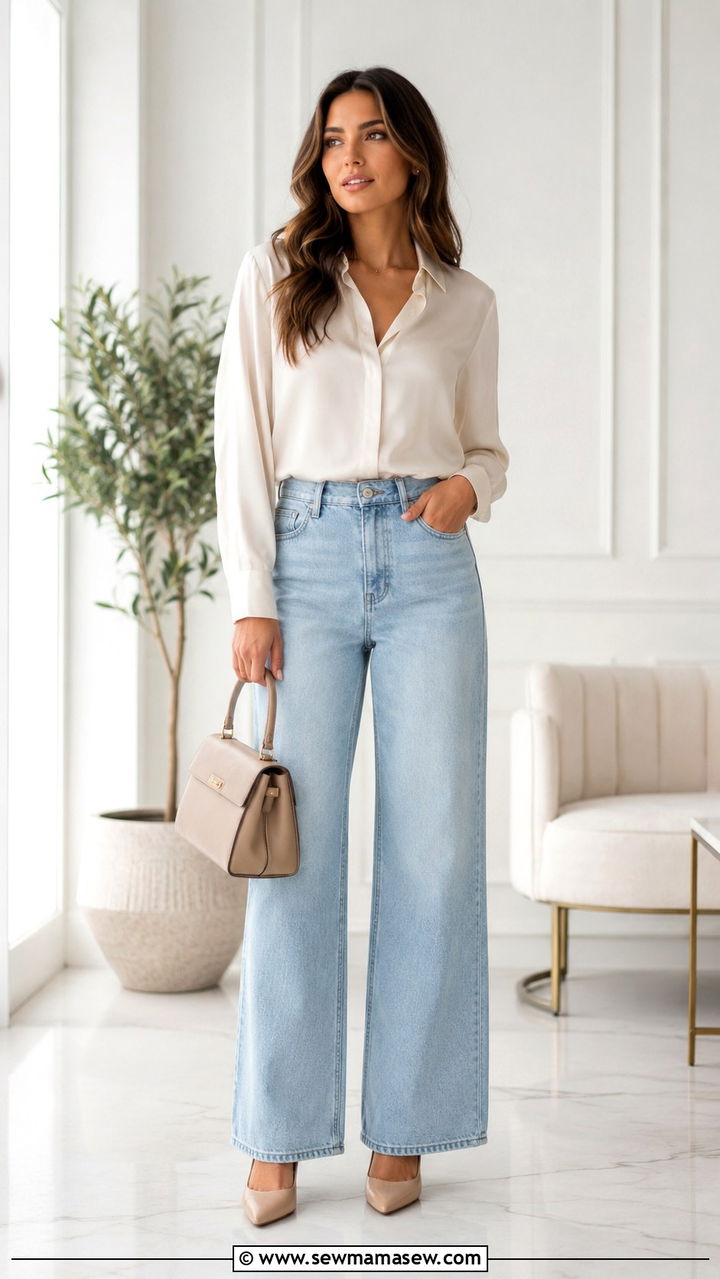 Light wash wide leg jeans with silk blouse - 30 Light wash jeans outfit ideas