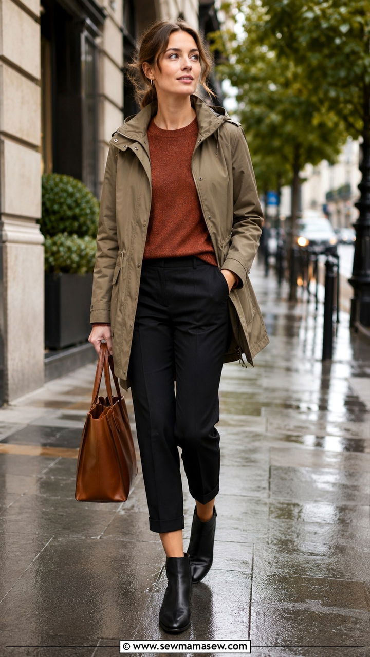 Lightweight Anorak With Knit Sweater And Cropped Pants - 30 transitional office outfit ideas