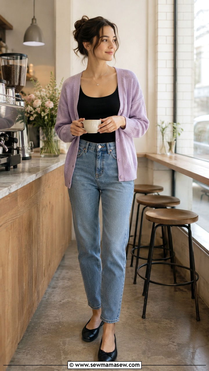 Lightweight Beige Cardigan with Black Tank and Wide Leg Trousers - 30 Spring outfit ideas for barista