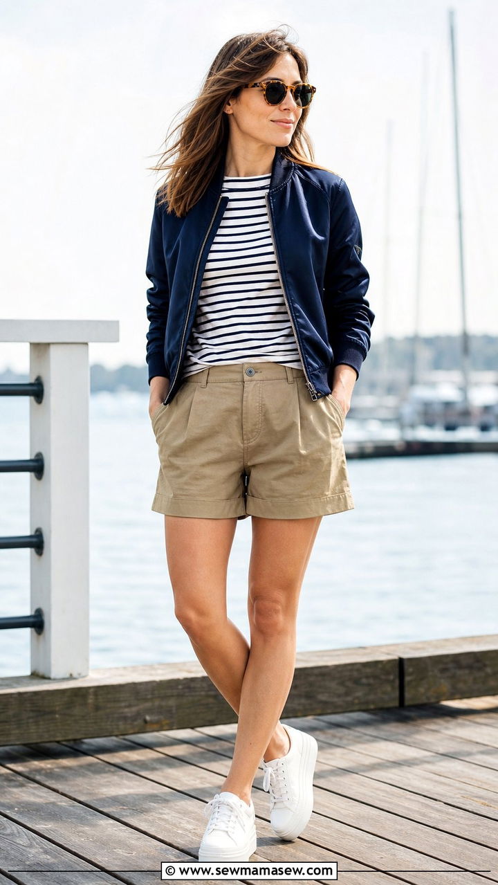 Lightweight Bomber Jacket With Striped Tee and Khaki Shorts - 25 Sporty chic outfit ideas sailing