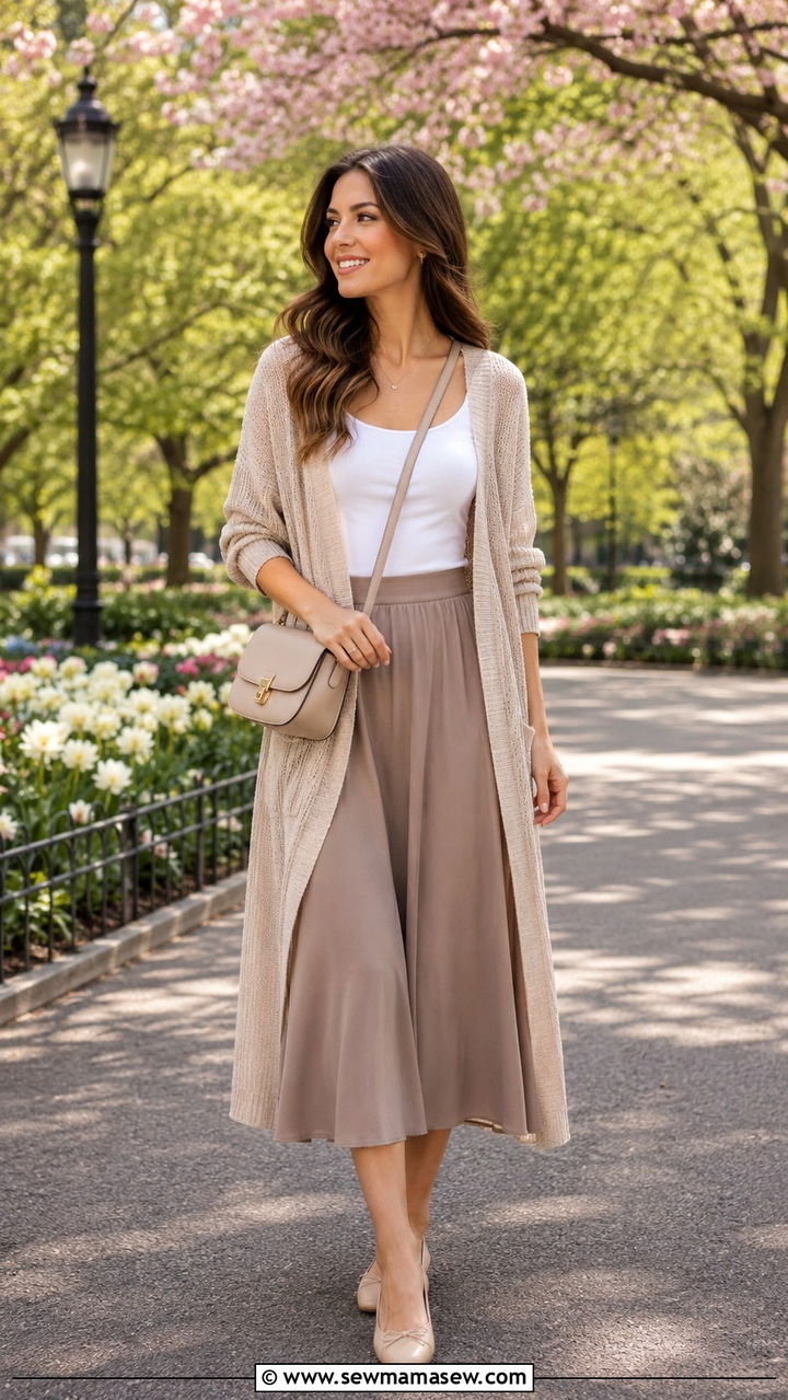 Lightweight Cardigan And Midi Skirt Outfit - 30 Minimalist spring capsule wardrobe