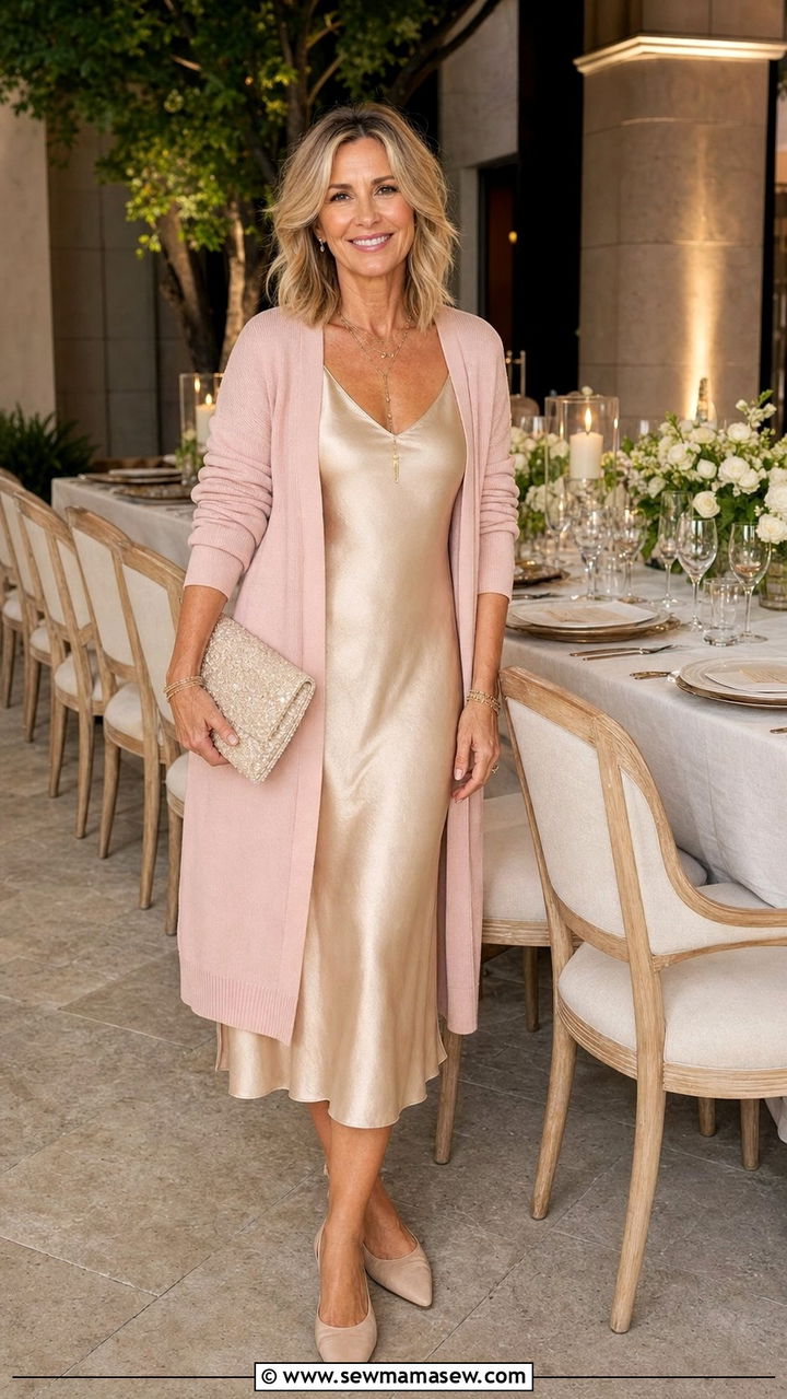 Lightweight Cardigan Over Midi Slip Dress - 25 Cover up outfit ideas for women over 40