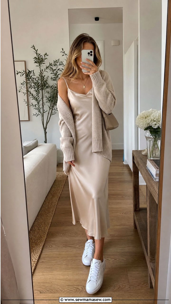 Lightweight Cardigan Over a Slip Dress with Sneakers - 20 Spring outfits for 60 degree weather