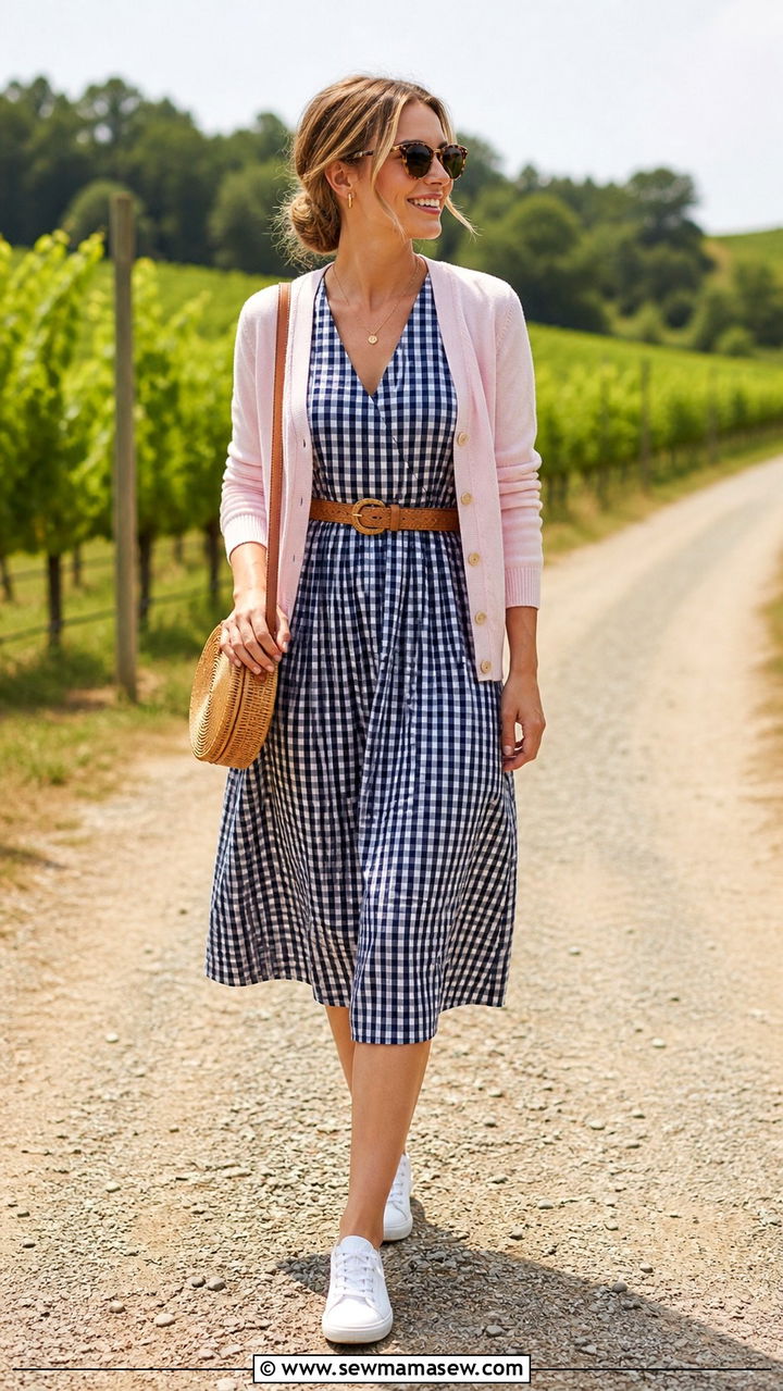 Lightweight Cardigan With Gingham Midi Dress - 40 summer preppy outfits