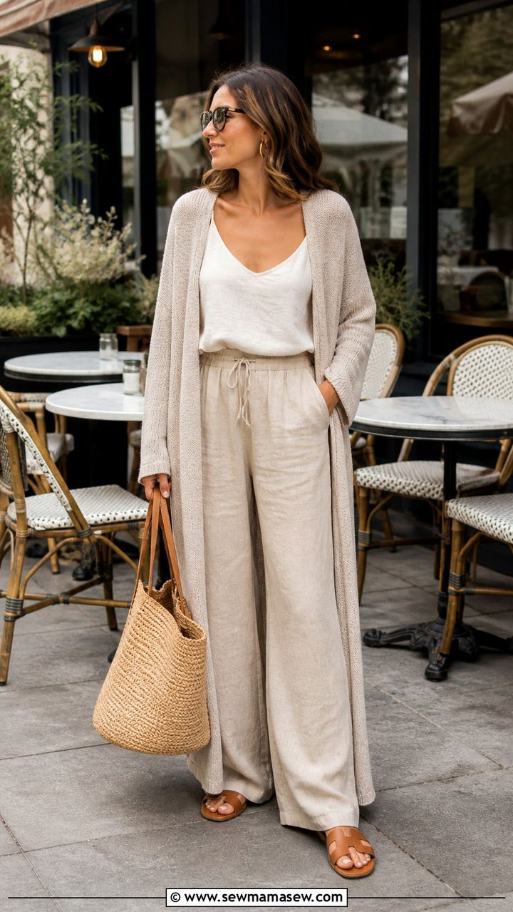 Lightweight Cardigan With Linen Tank And Wide Leg Pants - 40 spring neutral outfit ideas