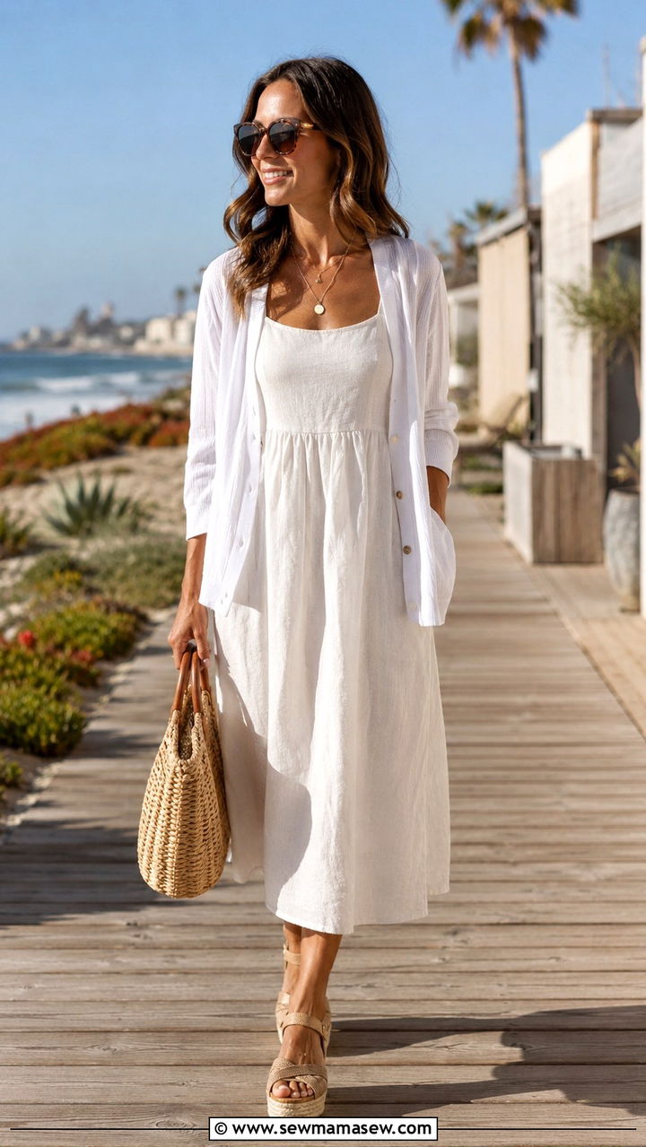 Lightweight Cardigan and Linen Sundress - 30 Cardigan and dress matching set outfit ideas