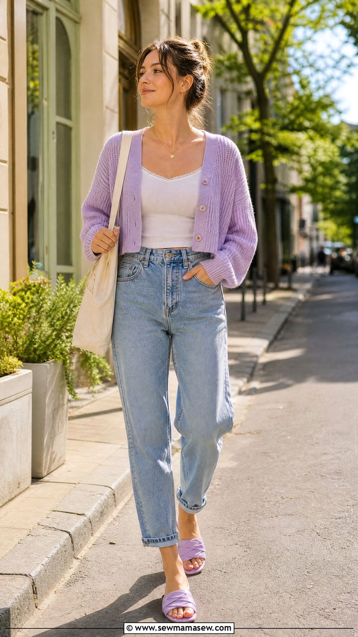 Lightweight Cardigan and Mom Jeans with Slide Sandals - 30 Summer outfits with mom jeans