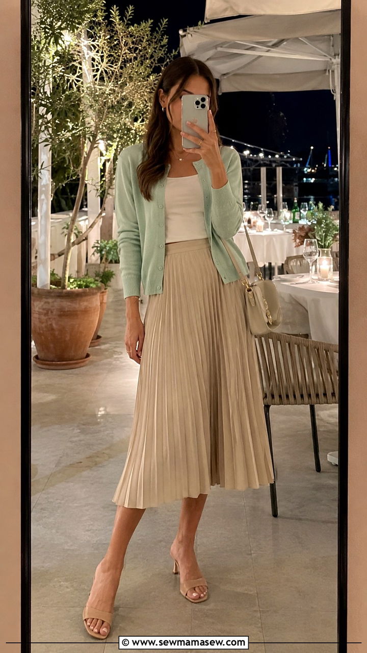 Lightweight Cardigan and Pleated Midi Skirt with Mules - 30 Pleated skirt outfit ideas for summer