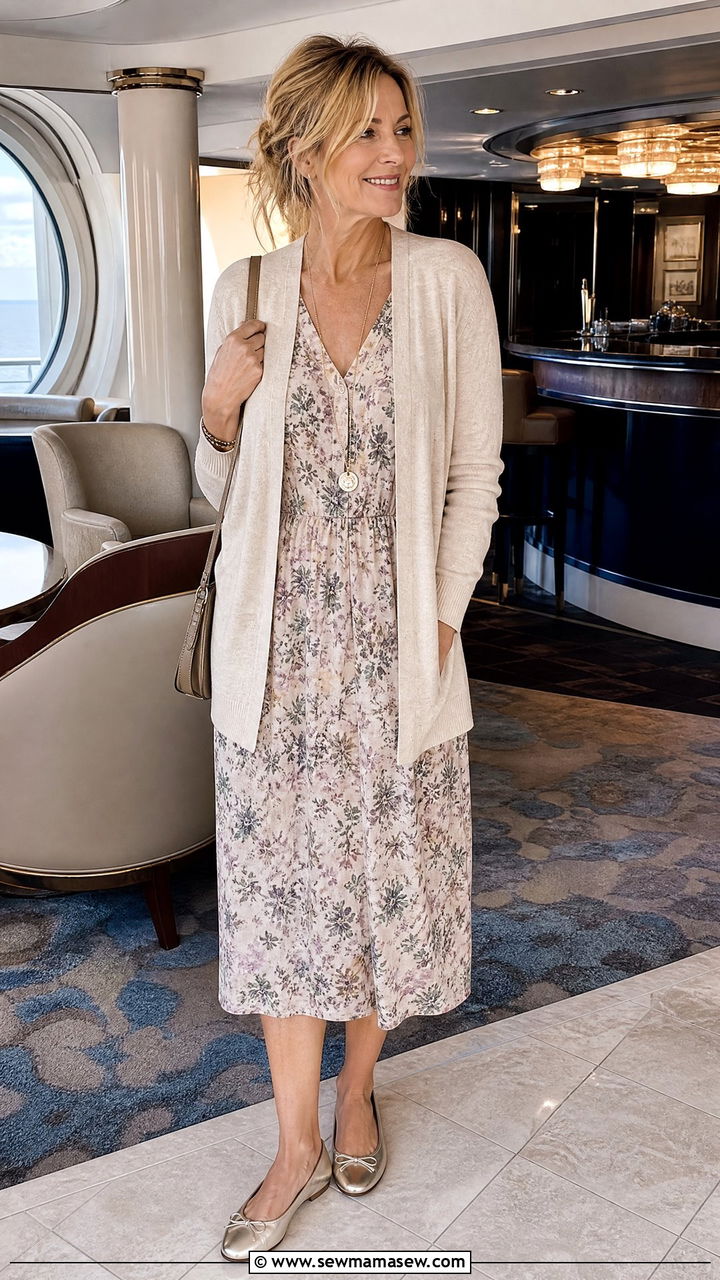 Lightweight Cardigan over Midi Dress - 30 Cruise packing list outfits