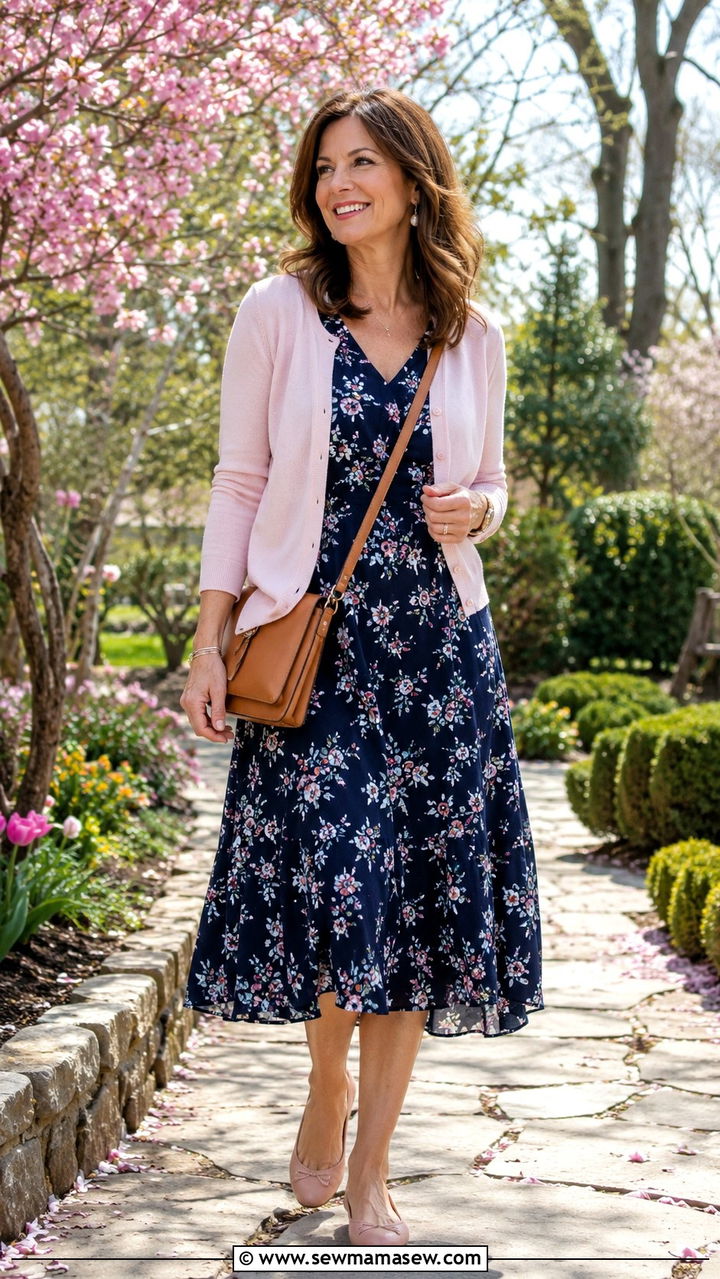 Lightweight Cardigan with Floral Midi Dress and Ballet Flats - 25 preppy outfit ideas for women over 40