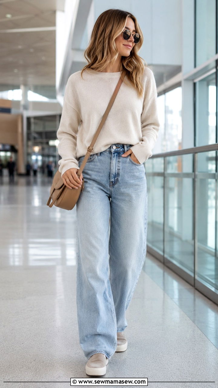 Lightweight Cashmere Sweater With High Waisted Baggy Jeans and Sneakers - 30 High waisted jeans outfit ideas with a sweater
