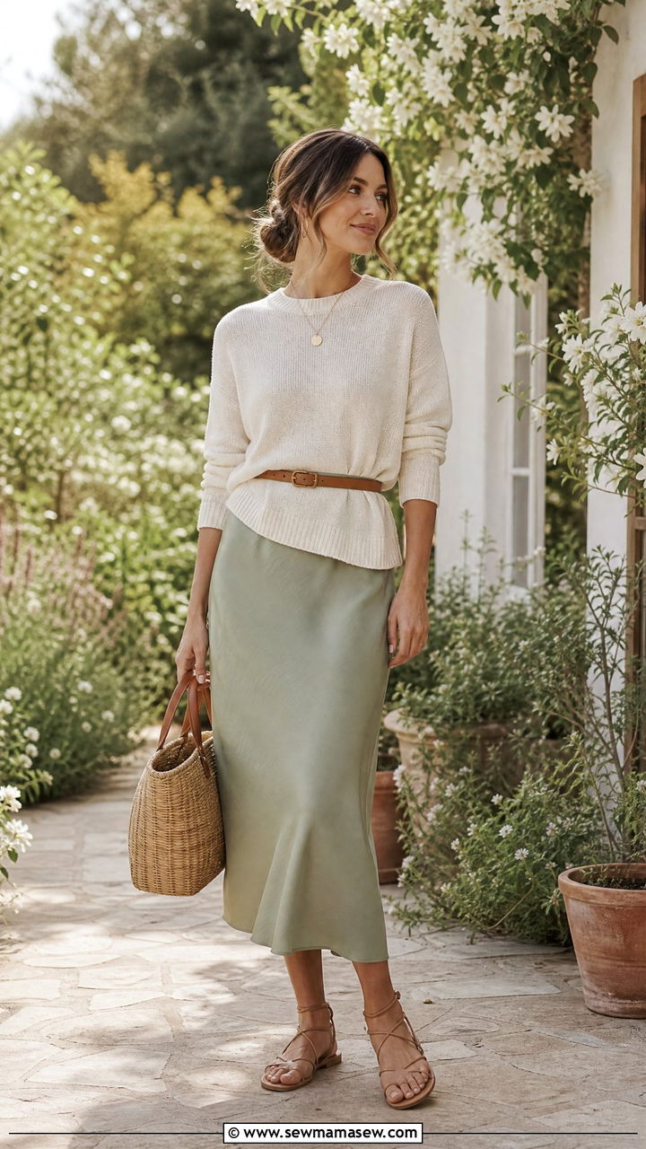 Lightweight Crewneck Sweater Over a Slip Dress With Strappy Sandals - 30 Cool morning warm afternoon outfits