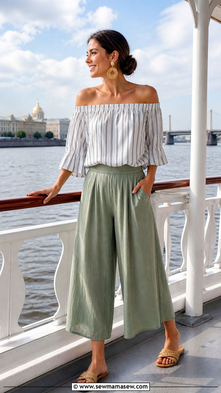 Lightweight Culottes With Off Shoulder Top And Slides - 40 Savannah outfit ideas