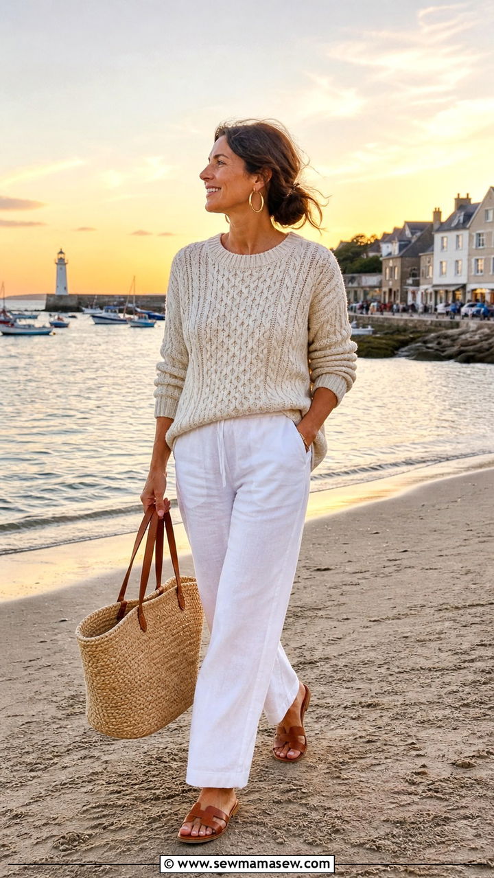 Lightweight Fisherman Sweater with White Linen Pants Outfit - 40 coastal grandmother outfits