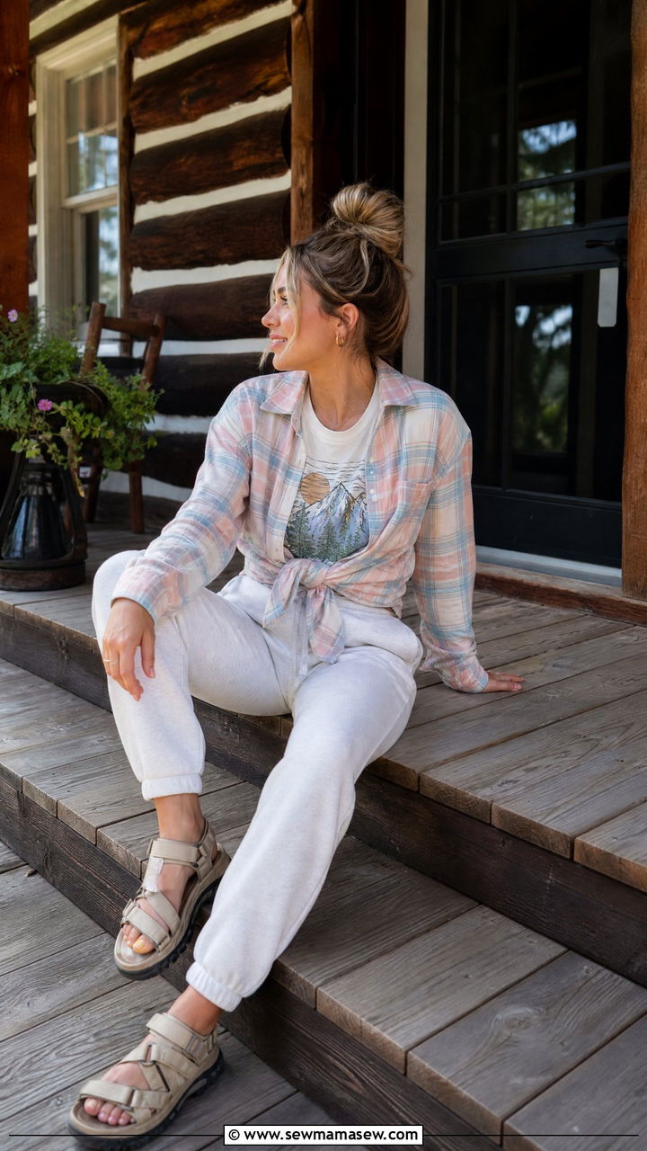 Lightweight Flannel Over Graphic Tee And Joggers - 30 Summer cabin weekend outfits