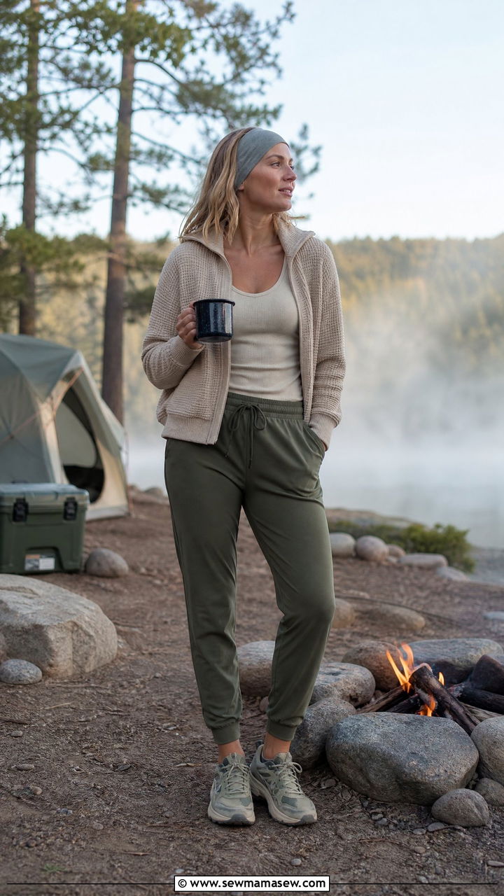 Lightweight Joggers and Ribbed Tank Camping Outfit - 30 Summer camping trip outfits