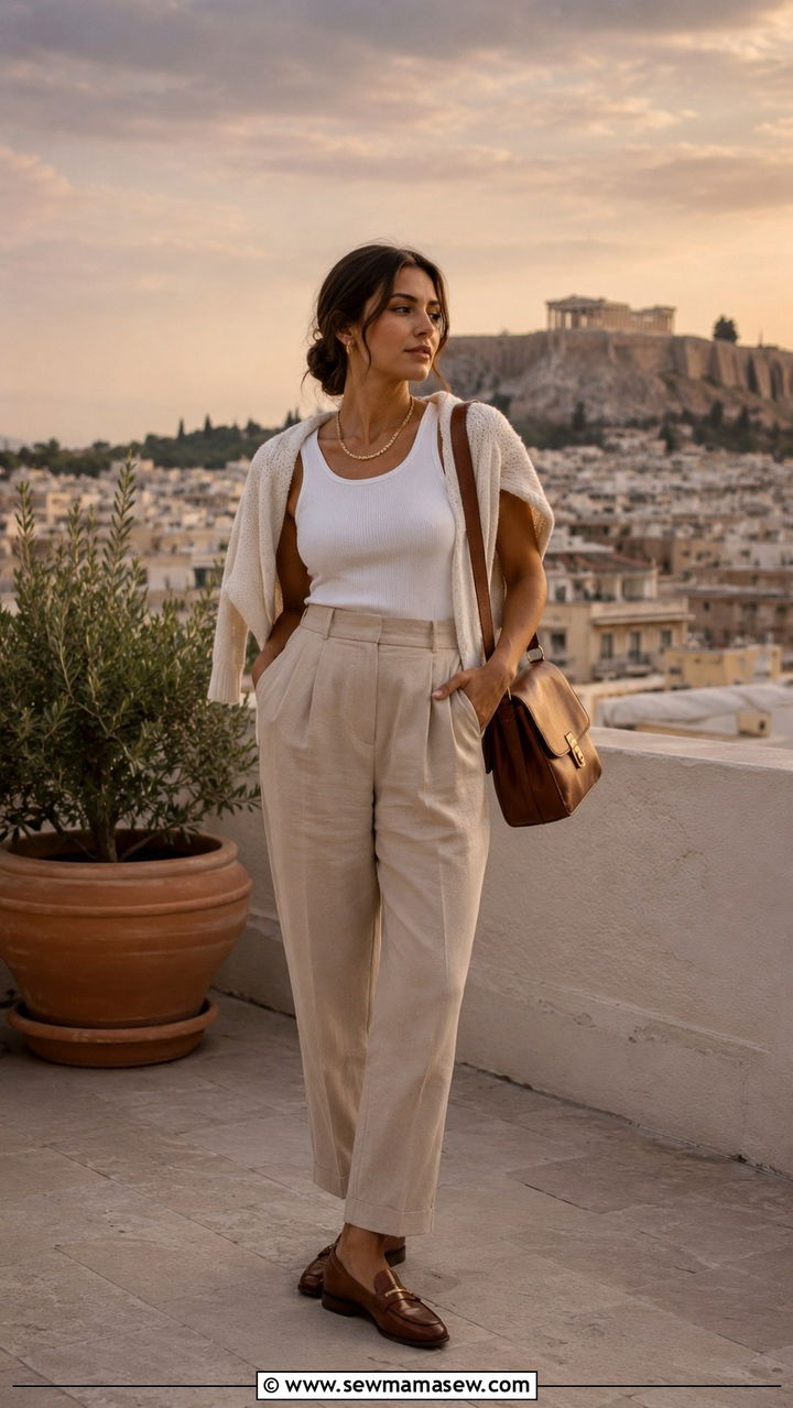 Lightweight Jumper With Tailored Linen Trousers - 30 Greek vacation outfit ideas 2026