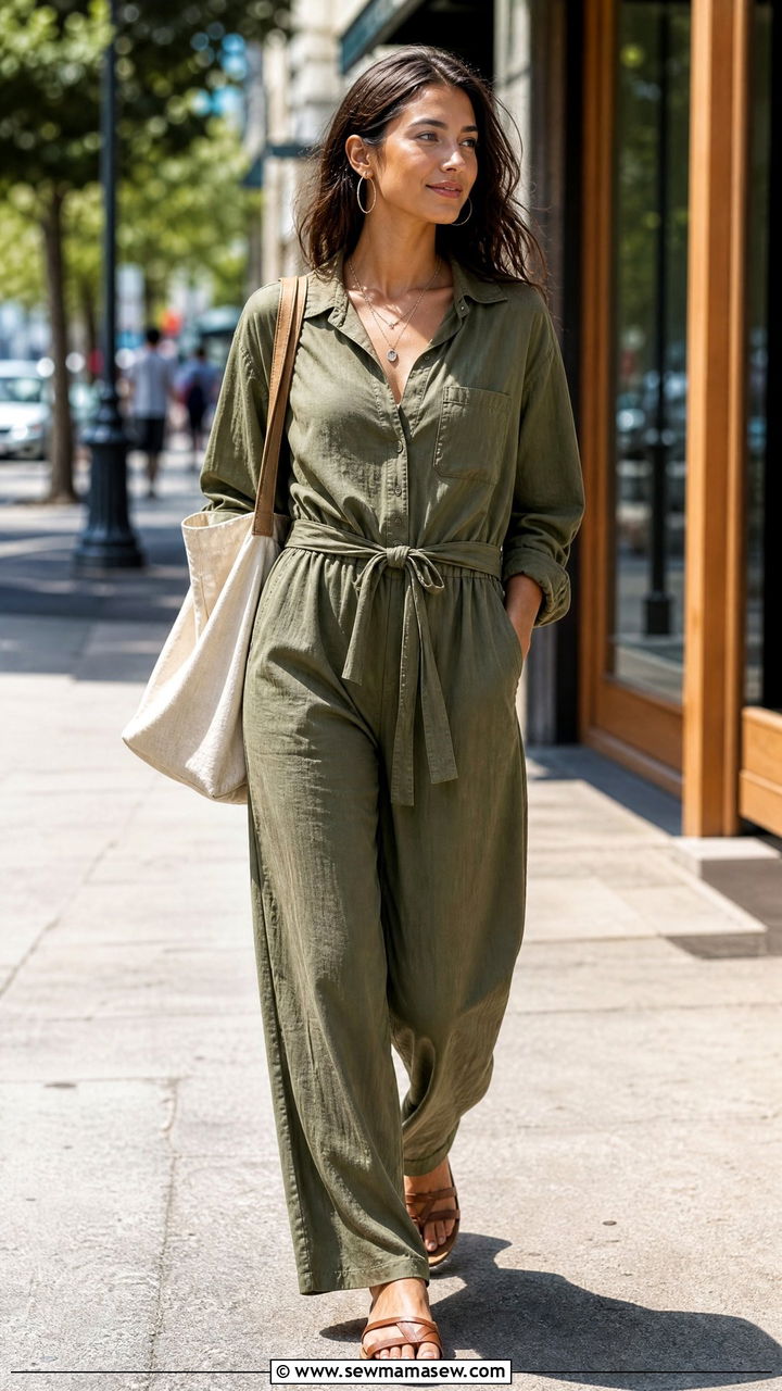 Lightweight Jumpsuit With Flat Sandals And Tote Bag - 20 Summer outfits for 75 degree weather