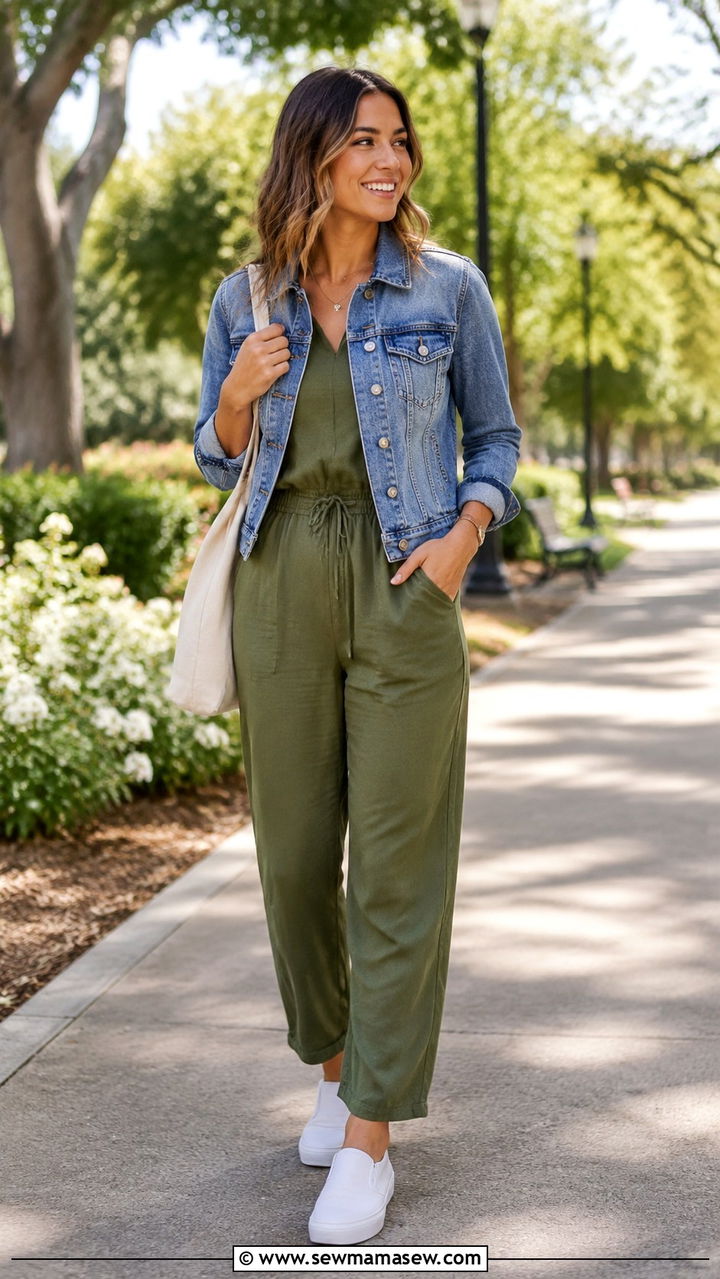 Lightweight Jumpsuit with Denim Jacket Outfit - 30 Spring outfit ideas for stay at home mom