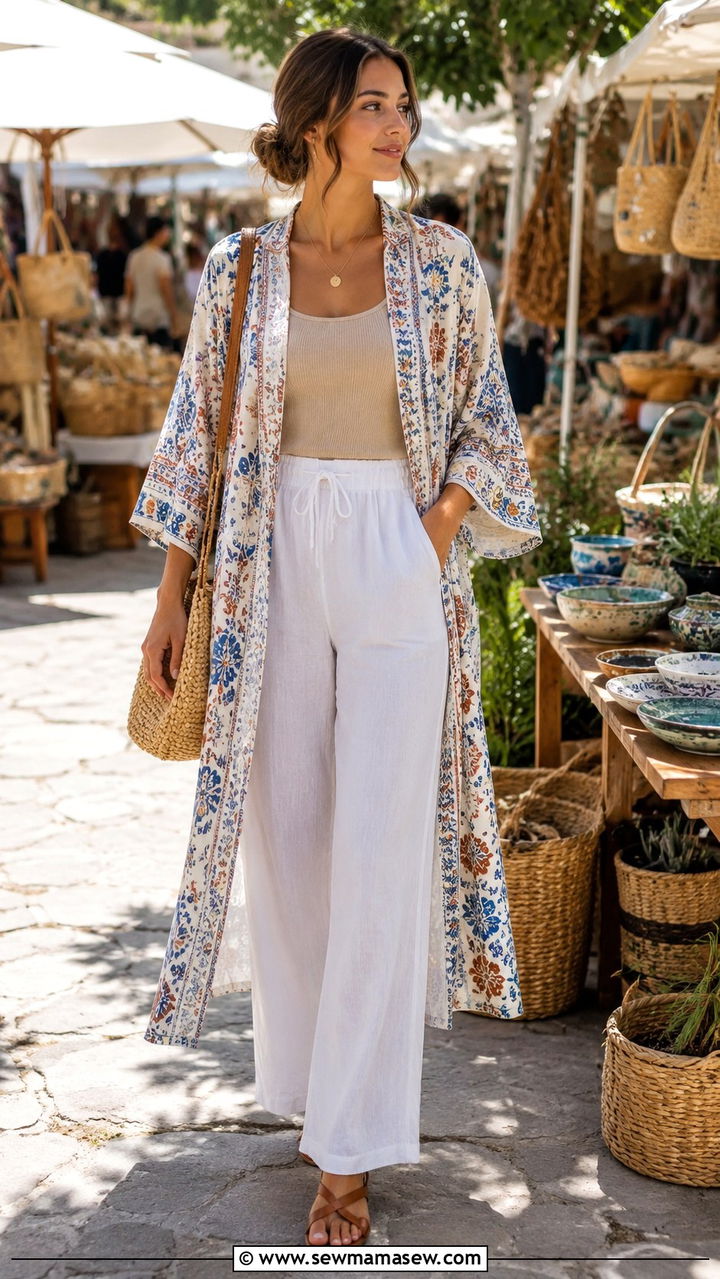 Lightweight Kimono Over A Tank Top And Wide Pants - 30 Modest summer outfit ideas