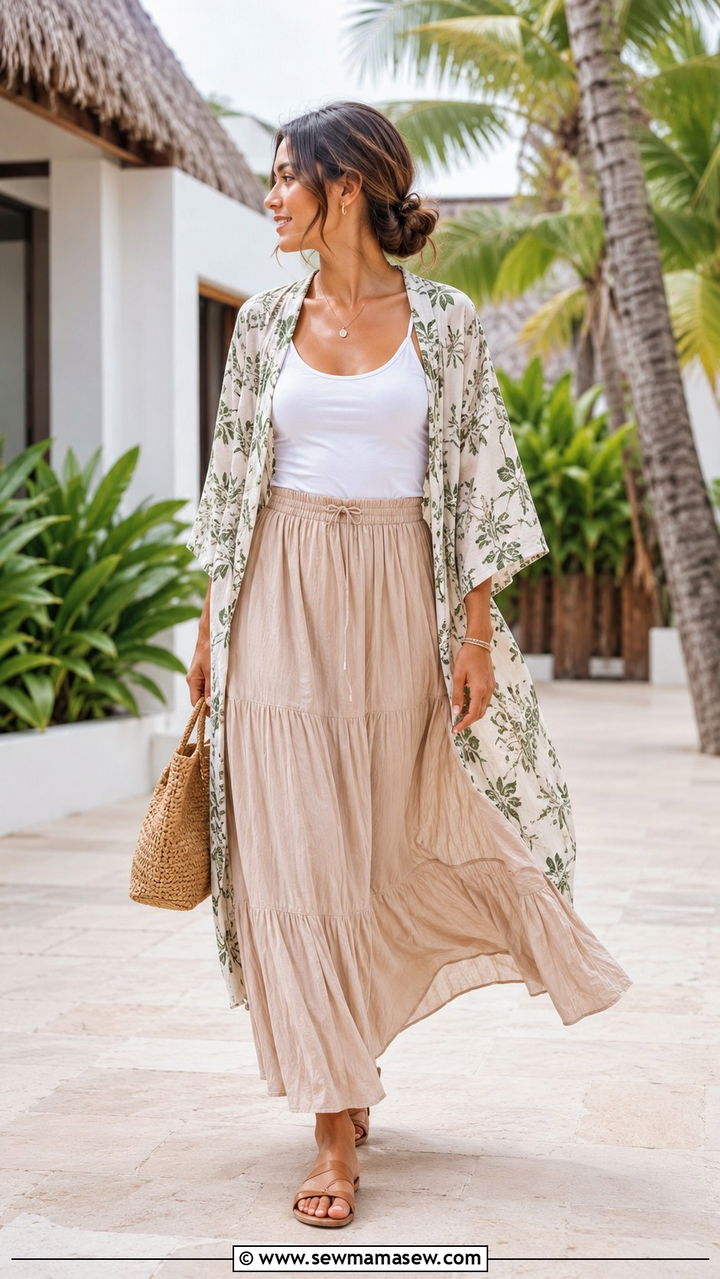 Lightweight Kimono Over a Tank and Flowy Maxi Skirt - 25 Modest outfit ideas for humid weather
