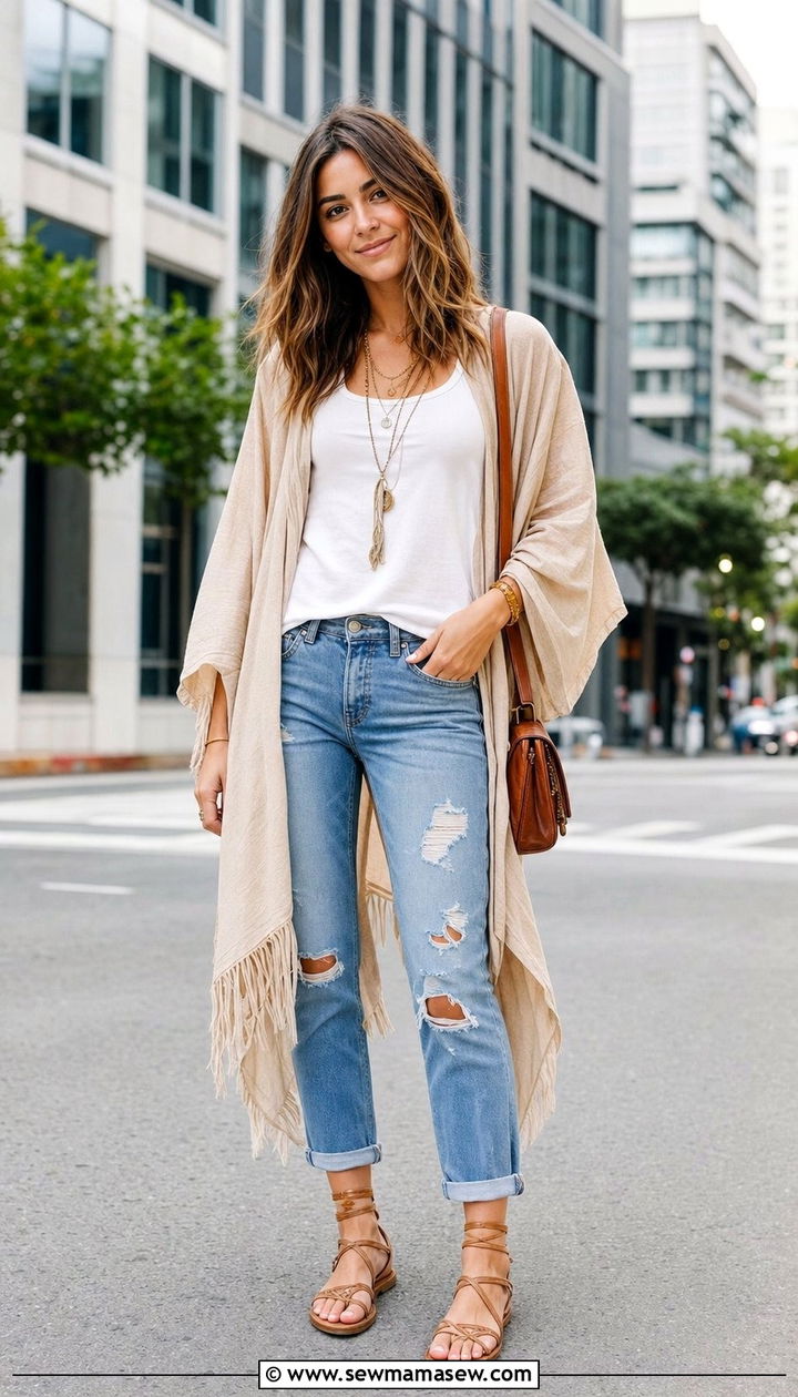 Lightweight Kimono with Distressed Jeans and Strappy Sandals - 35 casual boho outfits