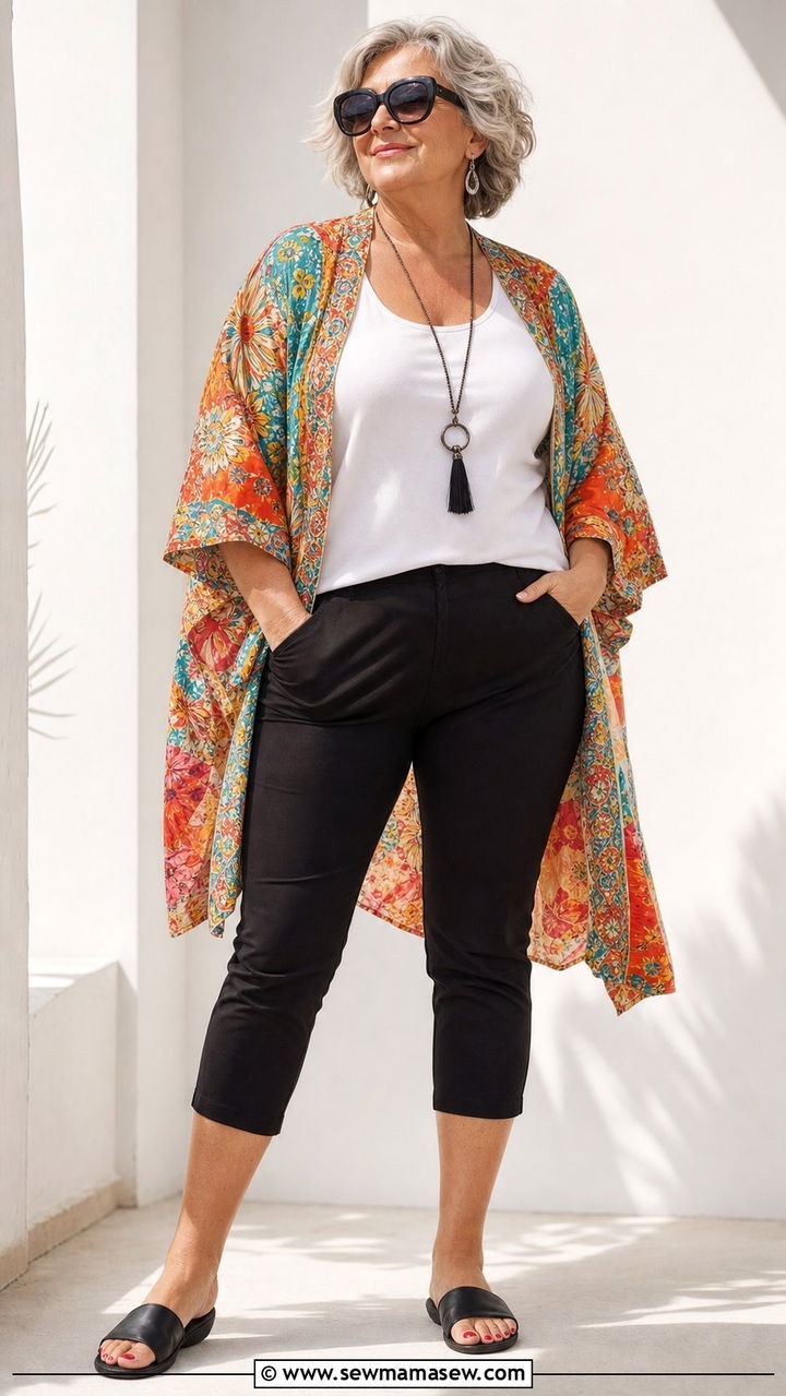 Lightweight Kimono with Slim Capris - 25 Curvy outfits for women over 50