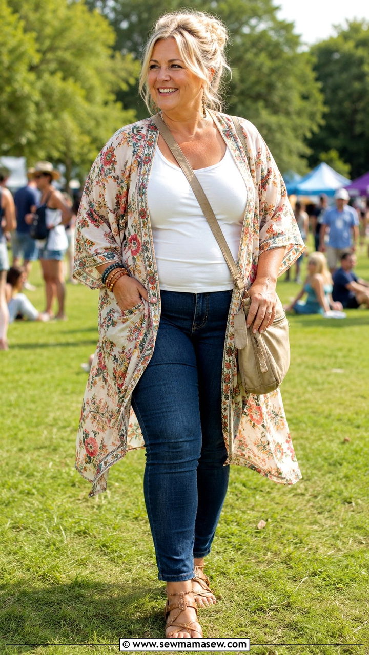 Lightweight Kimono with Tank and Jeggings - 30 Plus size outfit ideas for women over 50