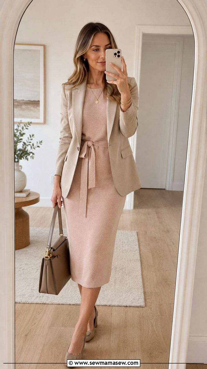 Lightweight Knit Dress with Waist Tie - 30 spring outfits for office women