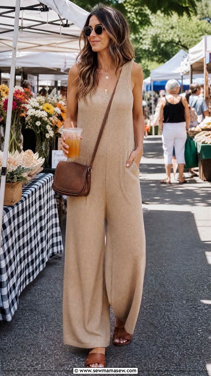 Lightweight Knit Jumpsuit with Slide Sandals - 30 Summer knit outfits