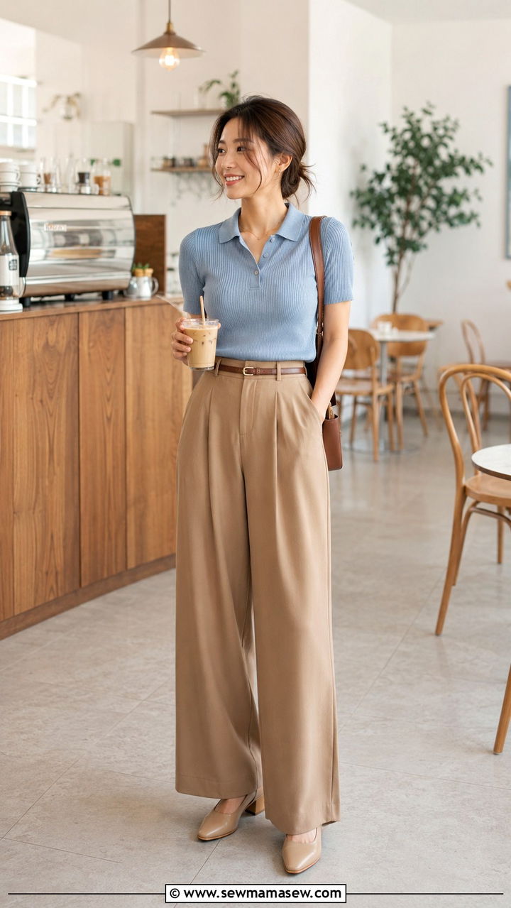 Lightweight Knit Polo and Wide Leg Trousers Petite - 25 Petite outfit ideas with wide leg pants
