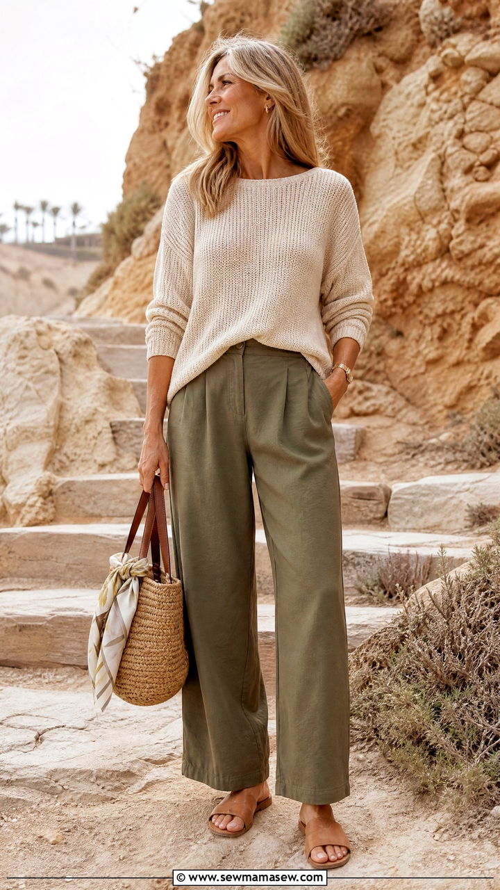 Lightweight Knit Pullover And Olive Trousers Outfit - 30 Coastal grandmother spring outfits