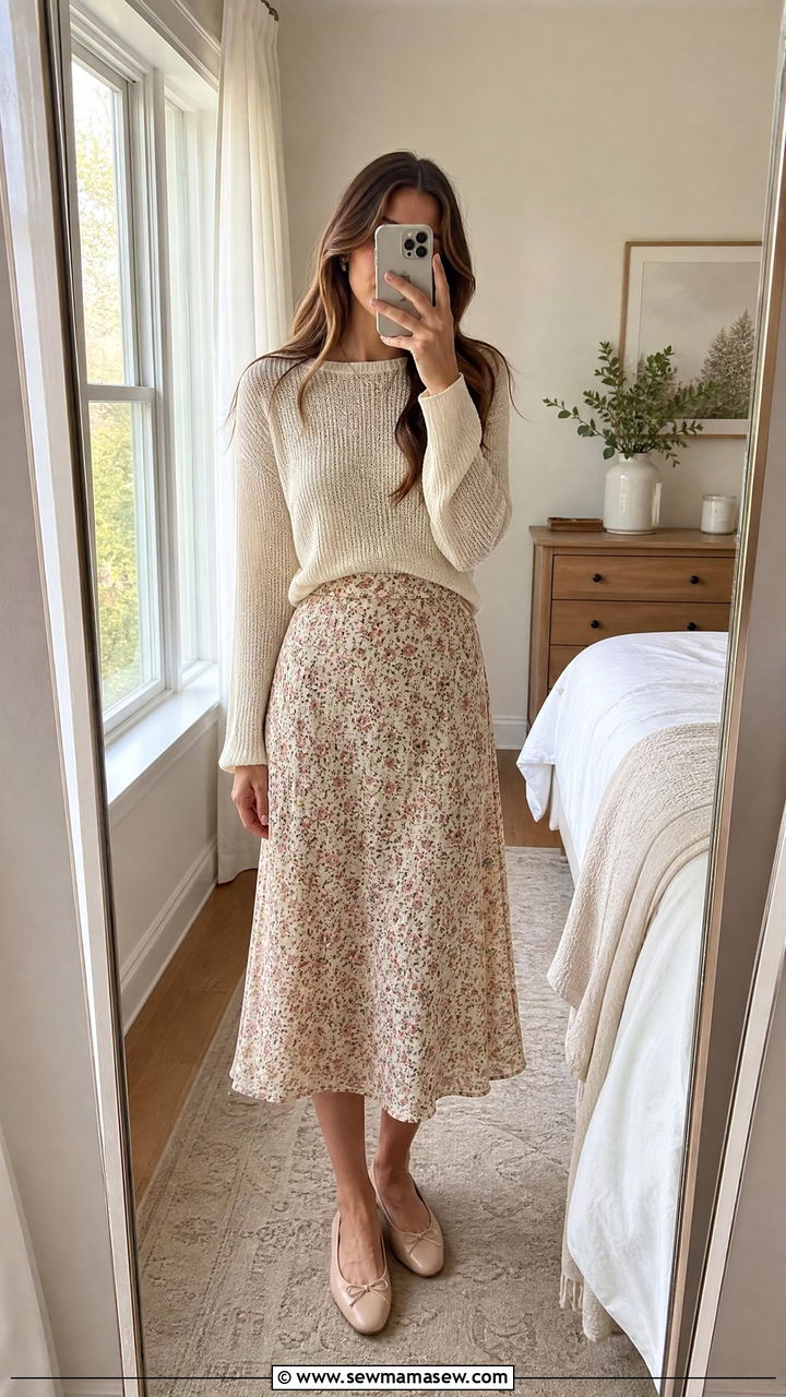 Lightweight Knit Sweater With Midi Skirt And Ballet Flats - 30 First warm day outfits