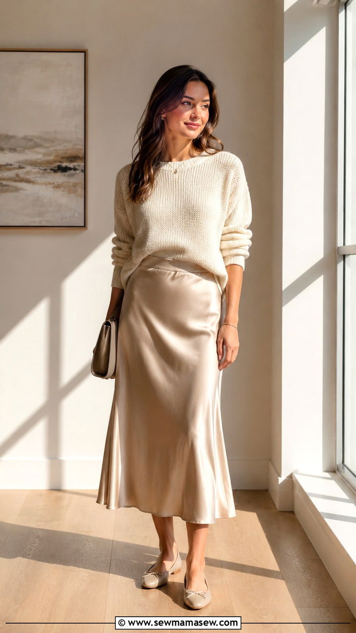 Lightweight Knit Sweater With Satin Midi Skirt And Ballet Flats - 30 Mild weather outfit ideas