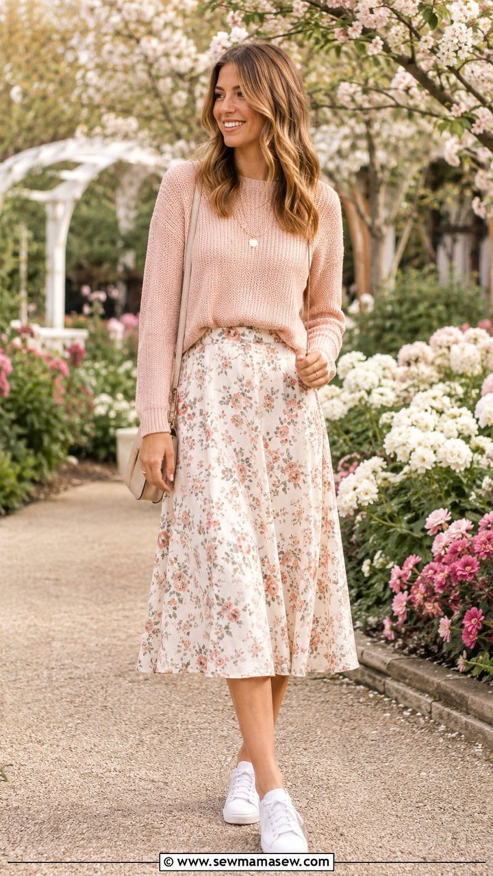 Lightweight Knit Sweater and Midi Skirt Outfit - 30 Spring outfit ideas for stay at home mom