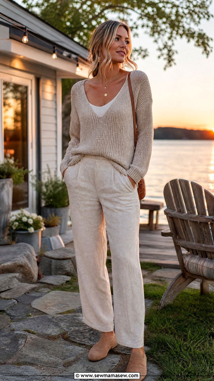 Lightweight Knit Sweater over Linen Trousers - 30 Summer cottage outfits