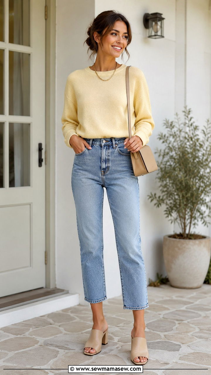 Lightweight Knit Sweater with Cropped Jeans and Mules - 30 spring wardrobe essentials outfits