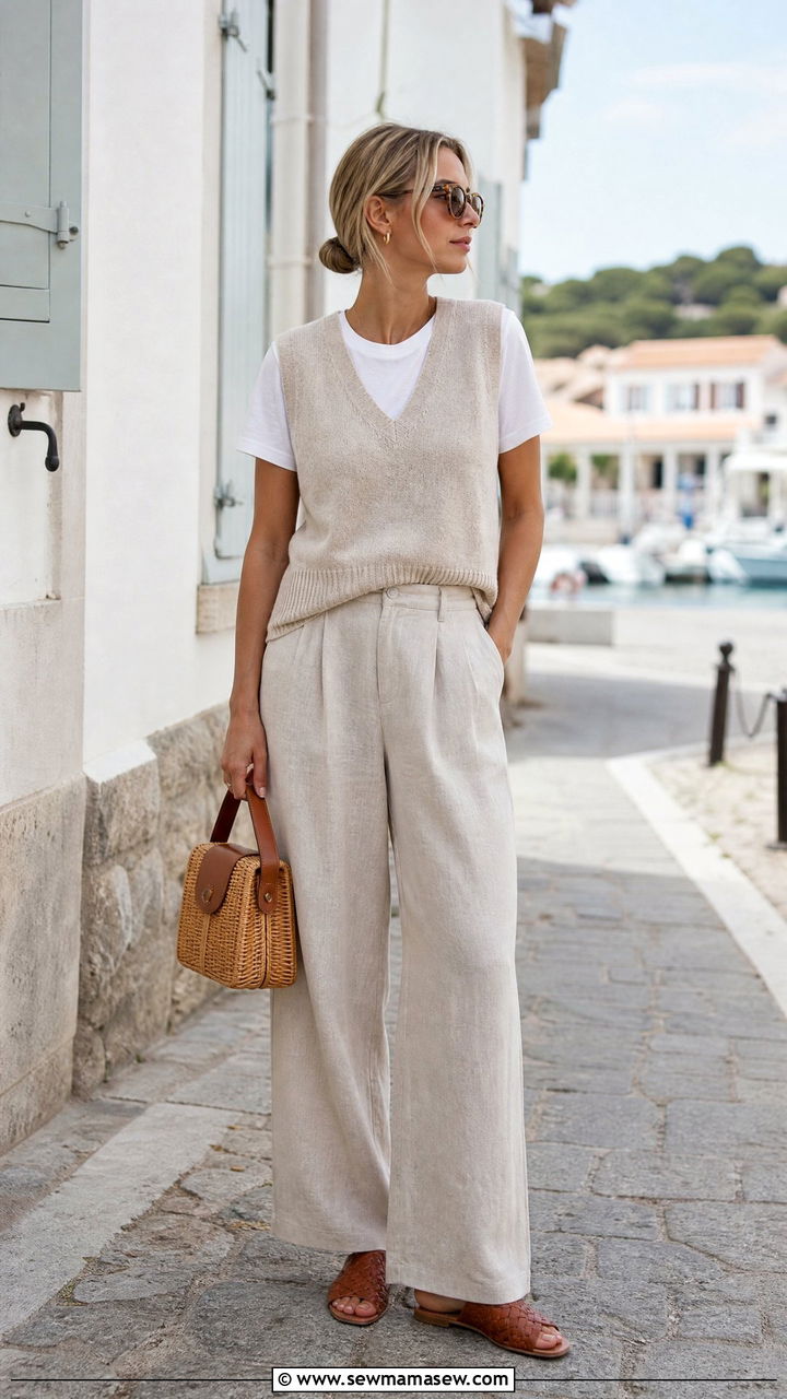 Lightweight Knit Vest and Matching Linen Trousers - 25 classy coastal grandmother outfit ideas