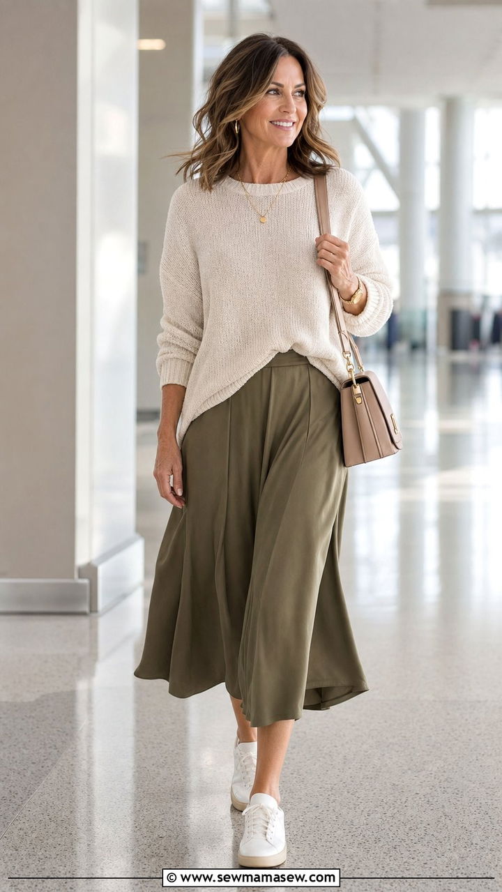 Lightweight Knit With Midi Skirt Airport Outfit - 35 Airport outfits for women over 40