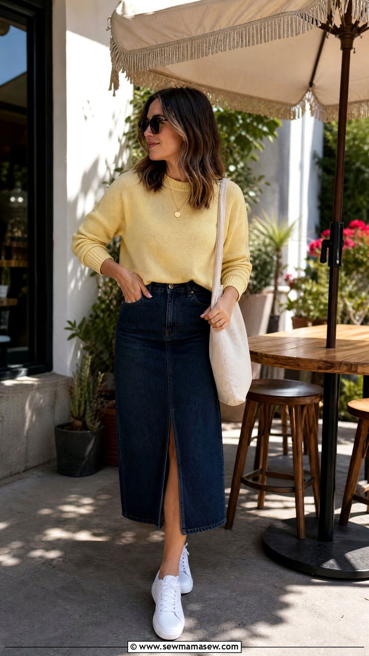 Lightweight Knit with Denim Midi Skirt - 25 March outfits for women