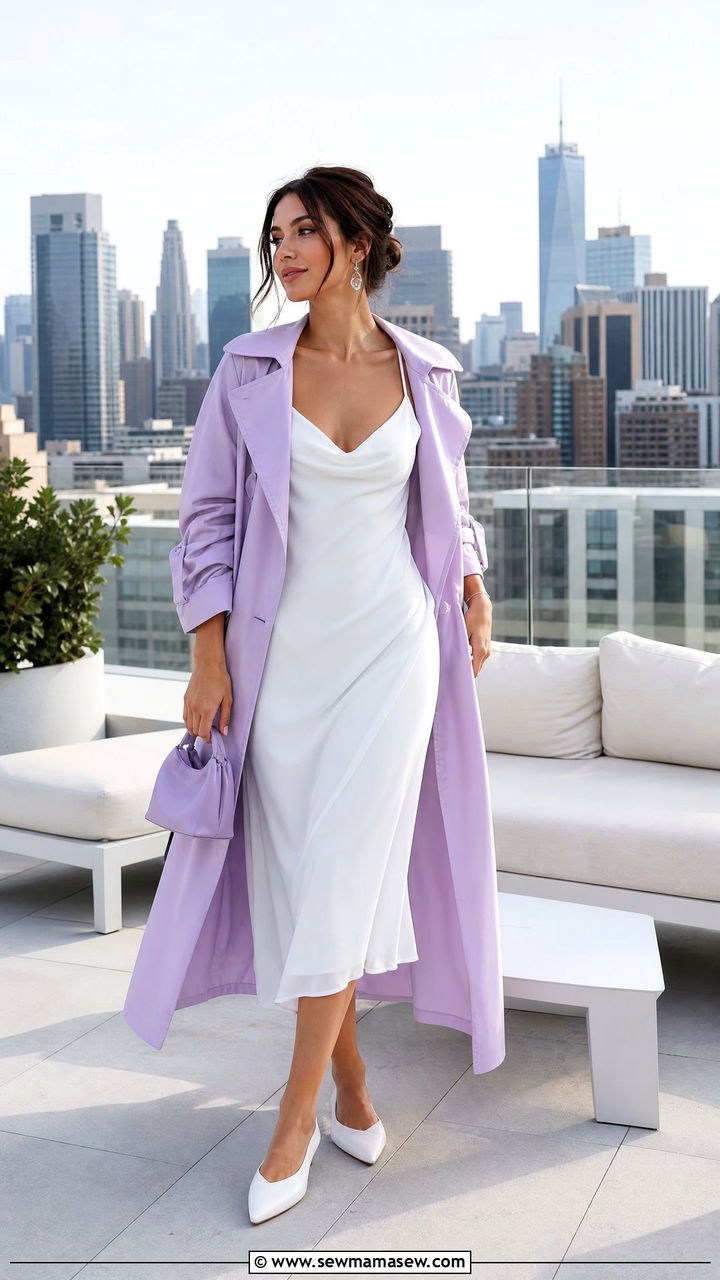 Lightweight Lavender Trench Over White Slip Dress - 30 Summer outfits in pastel
