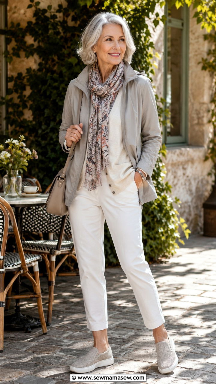 Lightweight Layers and Scarf Changing Weather Outfit - 30 Travel outfit ideas for women over 60