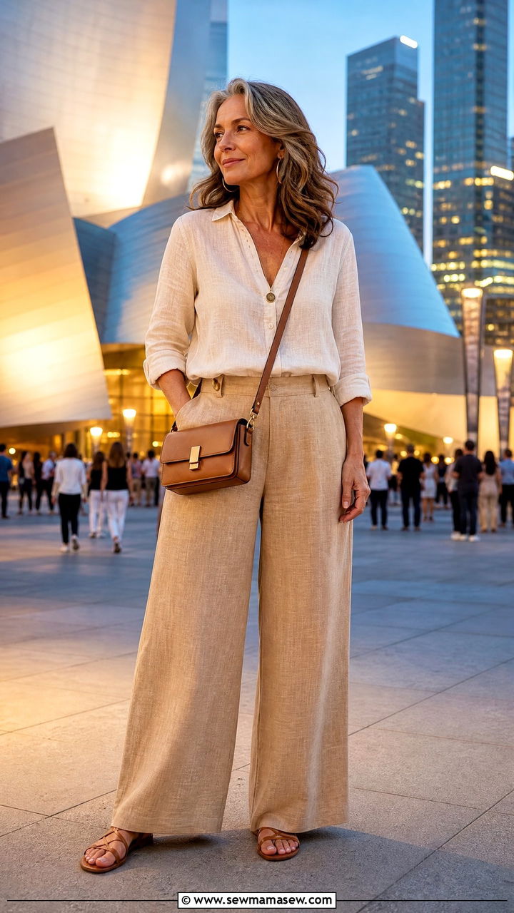 Lightweight Linen Blouse With Wide Leg Pants - 30 summer concert outfits for women over 40